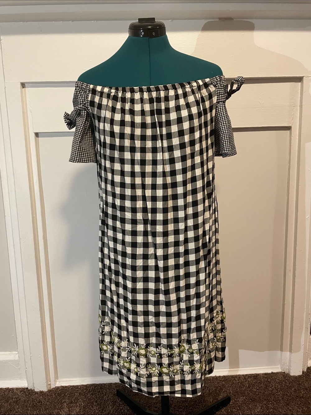 Luxology Black and White Gingham Off-Shoulder Midi Dress